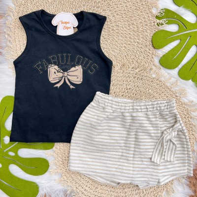 Conj. Regata Fabulous e Short Saia Listrado - Preto e Areia